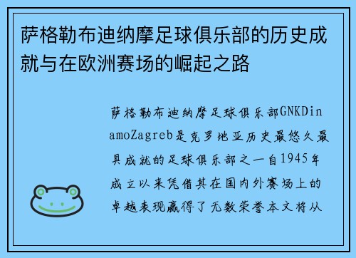 萨格勒布迪纳摩足球俱乐部的历史成就与在欧洲赛场的崛起之路 萨格勒布迪纳摩足球俱乐部的历史成就与在欧洲赛场的崛起之路