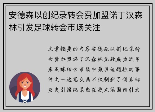 安德森以创纪录转会费加盟诺丁汉森林引发足球转会市场关注